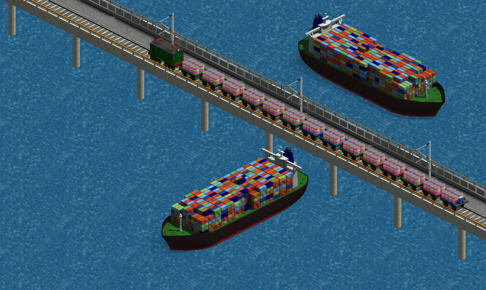 Ships and bridge. The train under WIP state.