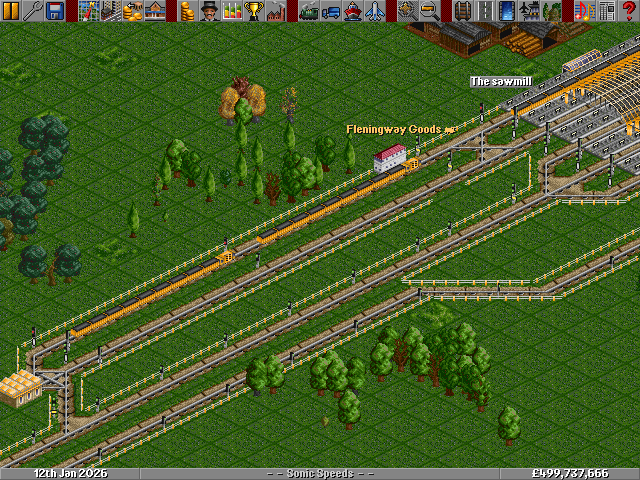 The sawmill station has been split into 2 lanes, Outward goods collection, and inward trains. 2 trains are just stopped on the layby until they are needed later.