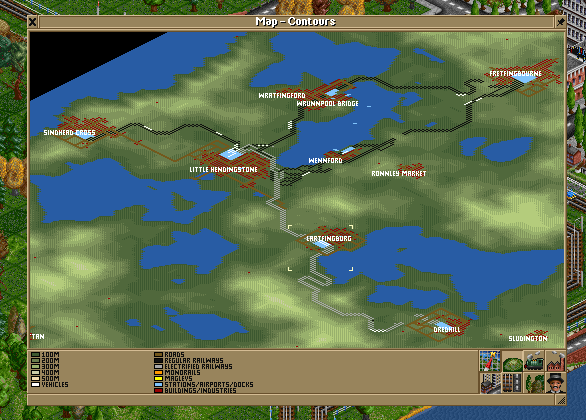 The map. The southern lines have been electrified, and now trains can go between Little Hendingstone and Fretfingbourne via Wennford. You can see from the roads that I'm determined to make the towns grow, whether they like it or not.