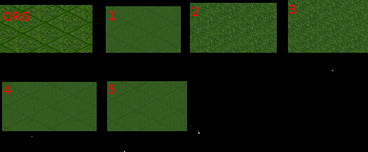 Different resizing methods for the 256px grass tiles to 64 px. The first one is the 64 px grass used in the original game