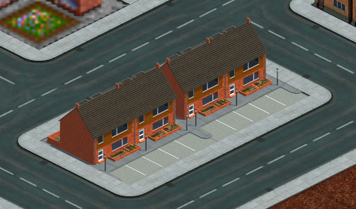 Screenshot with two houses. It would be interesting a tool to place buildings tile by tile in scenario editor.