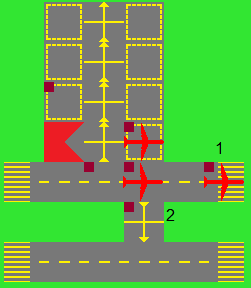 Here, aircraft 1 has just landed, and aircraft 2 can cross the runway in order to get to the take-off runway. It must reserve off the runway.