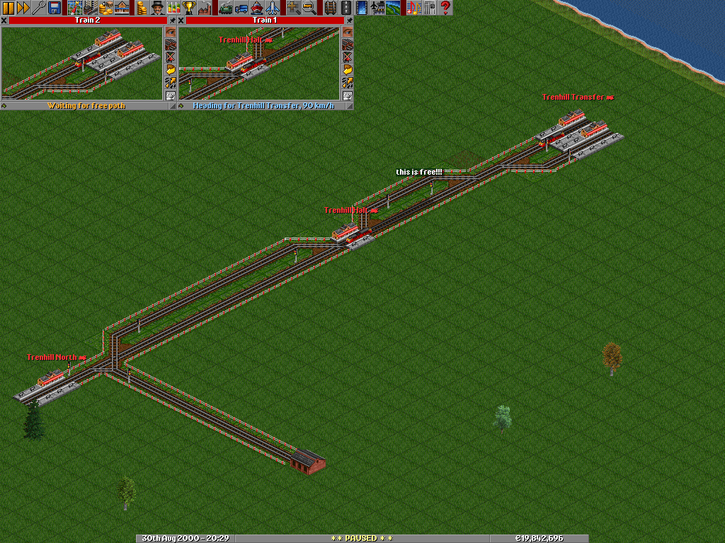 screenshot1: trains don't find a free path, even if one exists