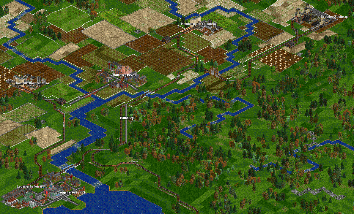 General screenshot of the southern half. There are two coal trains running bewteen Dresden Zeche and Magdeburg Kraftwerk (under the southern edge of the image) and two &quot;Bauernzüge&quot; linking the two farms outside Hamburg with Ludwigshafen foot processing plant. See how few tracks I laid down!