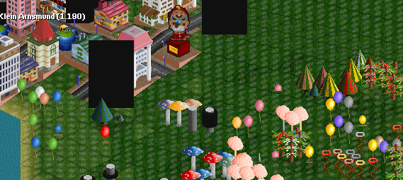 screeny with statue and balloon trees