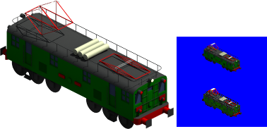 Preview of 260 class locomotive. The big locomotive is the Blender model. I have modified it in order to get better renders in some smooth borders, I have pasted a 32 bpp sprite over the blue square with the 8 bpp sprite.