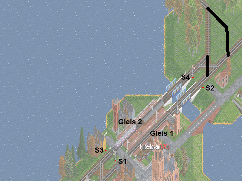 In black two proposals to connect the line coming from northwest (an industry, I suppose) to Gleis, ehm, track 1. In red all signals the station should need. S1 and S4 are already in place but you must convert S4 in one-way (yellow plate) as S1 is. In this way track 1 will be run just from NE to SW and track 2 from SW to NE. If there are trains reversing here, you must add simple path signals (no one-way) in S2 and S3. I hope everything is more clear.