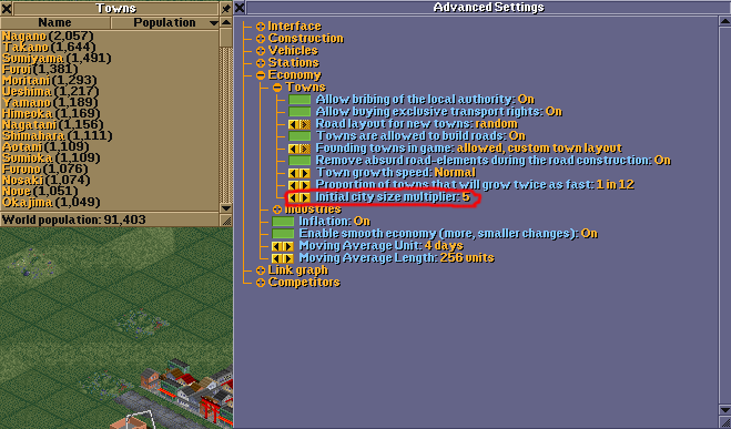The initial city size multiplier is set at 5, but towns only have normal (1x) size