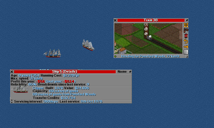 Two clippers meet in the bay. One is carrying goods to the distant town, the other is carrying mail back to Ponsford. Meanwhile, an empty goods train rattles back to the factory to pick up more wares.<br />(BTW it loks like its losing money,  but it gets it from the transfer credits.