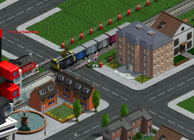 Example screenshot. Trains, fences, trees, the fountain, the smoke... are sprites that can be rescaled automatically. Other like the ground tiles or some buildings, must be rescaled only by hand.