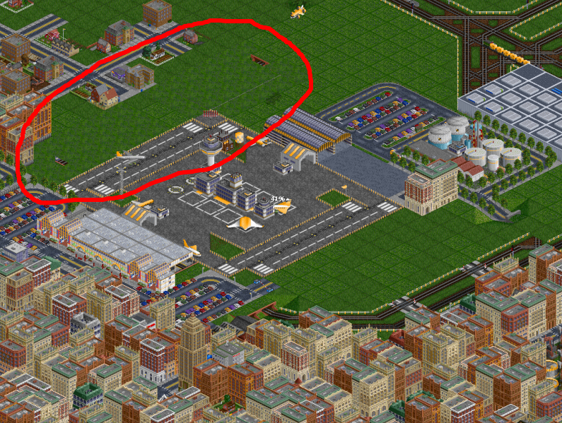 The GSG airport has also undergone some major, but subtle, changes. To the west (circled in red) Freak_NL was also called upon to implement his subway parks to expand passenger rail service. Two lines service Loninghill and Trepool to the north, and two lines service Lewissay Bridge to the south.