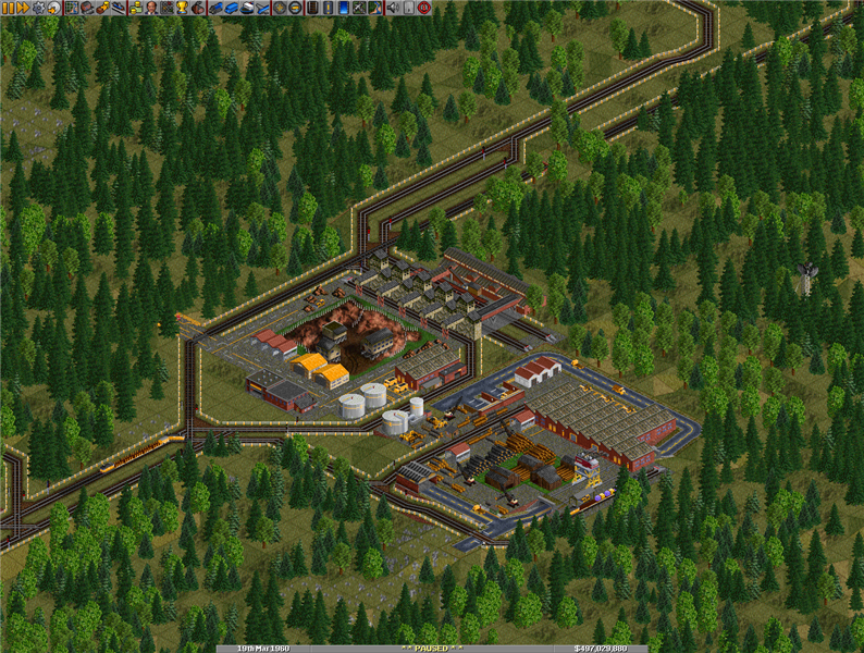 Nearby iron ore mine, which accepts iron from two nearby feeders and sends it to an area steel mill. Next to it is a sawmill that accepts wood from two nearby forests.