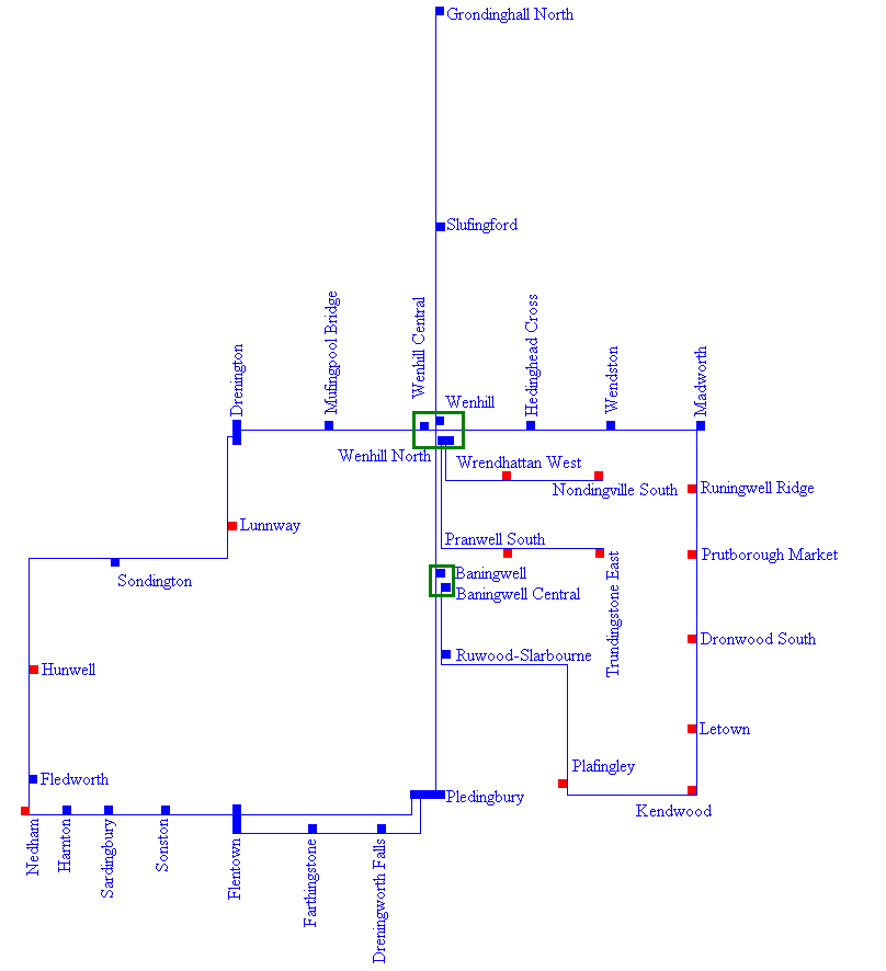 A red box represents a bus feeder system, and a green rectangle represents two or more stations in one town.