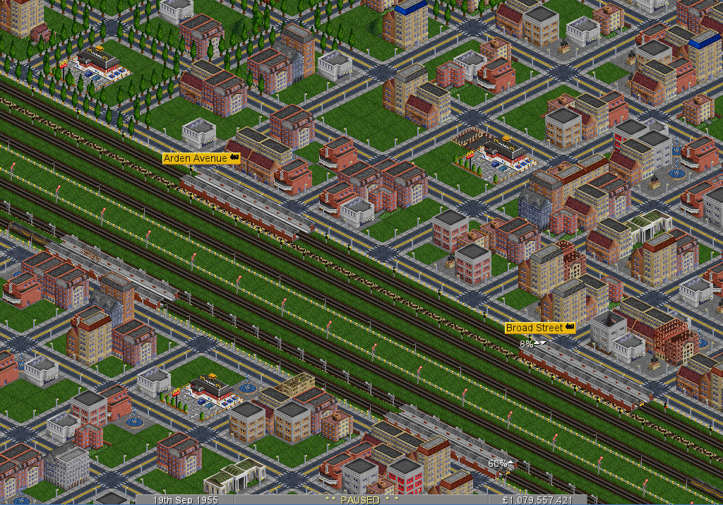 Two rather closely spaced stations on the Easton Metro. Although the subway was originally supposed to be constructed similarly to the other lines (tunnels connecting above-ground stations), residents' protests over wasted space led to the current design being adopted.