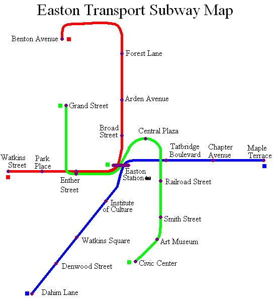 Note: Colored square represents terminal for the line. Only some westbound Green Line trains terminate at Easton Station.