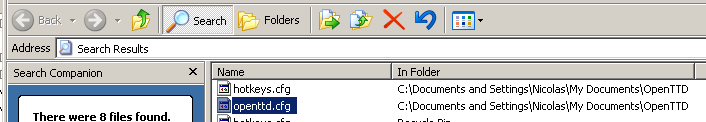 The search result for openttd.cfg