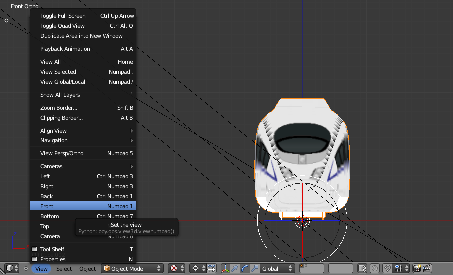 Make sure it really shows the head of the vehicle when you set the 3D view into &quot;Front Ortho&quot;