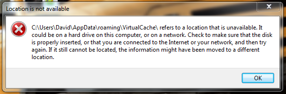 The error screen I get when searching for the Virtual Cache