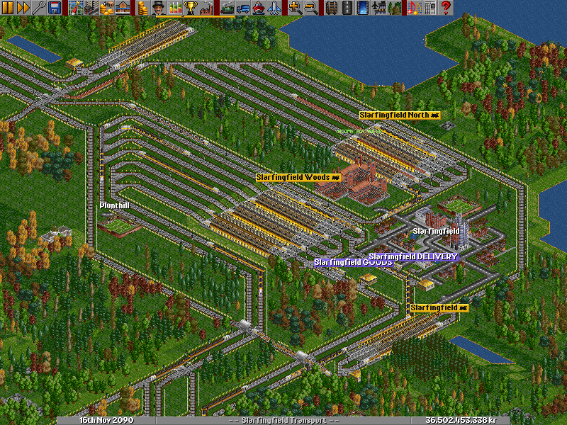 Upper left - wood station transport to the &quot;MEGA&quot; station. Upper right - almost all deliveries to the factory. Middle - goods station transfers all goods (~8000) to a town south of the factory. Also handles farm-products coming from south. Lower right - w