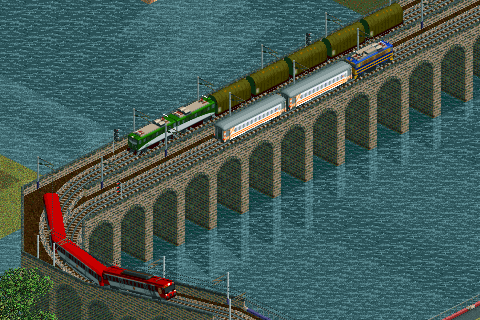 Screenshot with 440 train (bottom), a 289.1 with some tarp roof wagons and a 269 with &quot;thousandlines&quot; decoration and two 8000 cars for regional services.