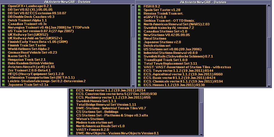 A list of the NewGRFs used in this game. You may notice the obsolete Canadian Train Set, which I am continuing to use to allow trains to be built from mixed sets.