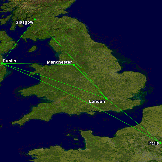 Anglo-English Airlines' route network.