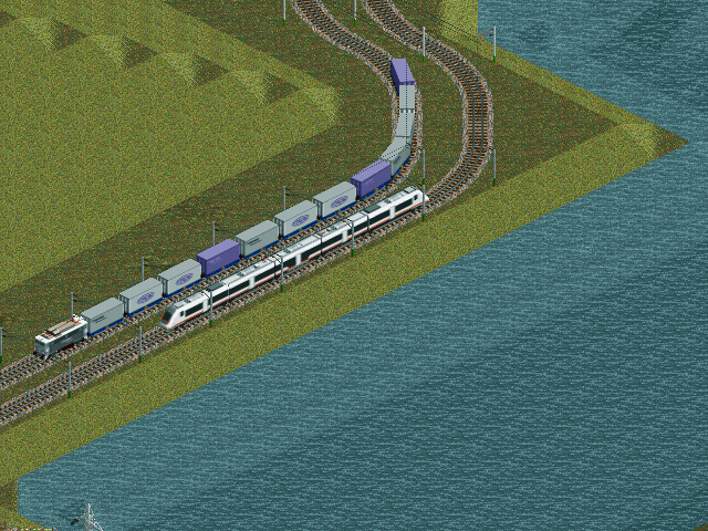 Screenshot with a &quot;Sea Bream&quot; EMU (class 449) and Japanese locomotive with some milk products containers.<br />The containers doesn't look good on this angle, I cant render vertical lines on it, but... other angles looks good. :(