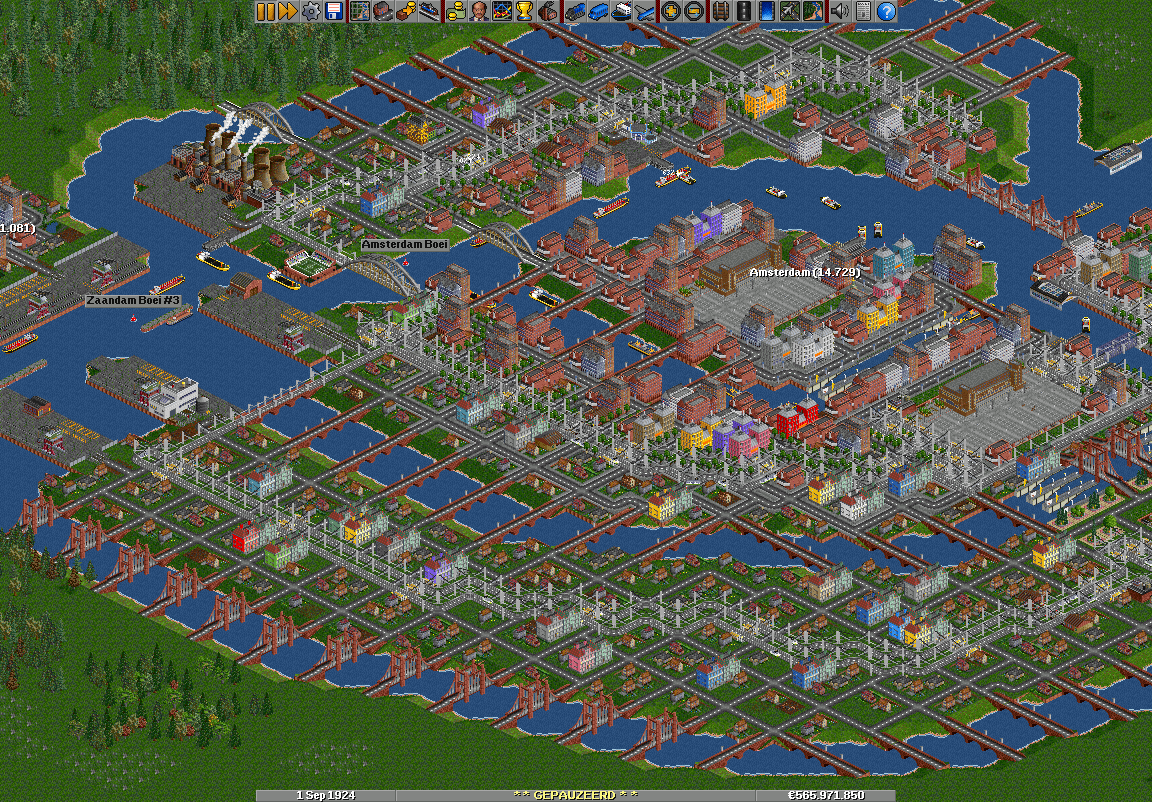 My re-creation of some kind of Amsterdam lookalike. All the modifications and expansion of the town have been done ingame (not scenario editor) with a lot of bribing and waiting for the city to expand.