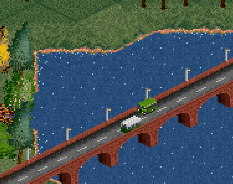 Two buses passing on a bridge.