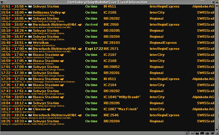 The departure board of Steffisburg Hauptbahnhof, a slightly bigger station that - as opposed to Monteggio - gets to see InterCitys.