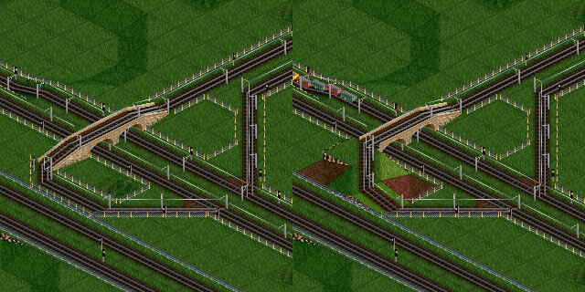 AI built their tracks very near. A custom bridge head allow to avoid the sharp turn.