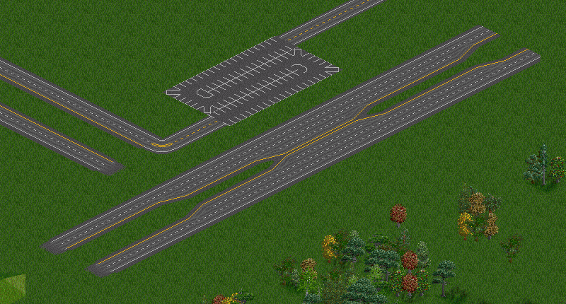 Note that there are objects along the top edges of both roads, not just in the middle of them