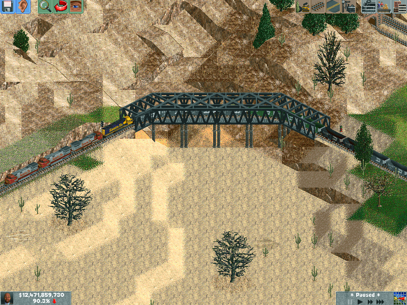 An iron train crossing the curved bridge