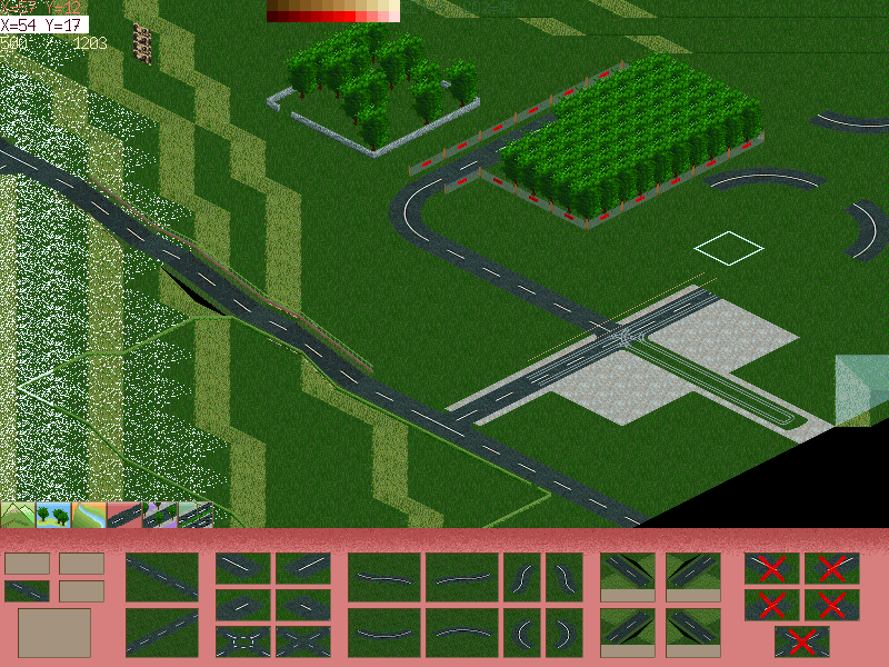 Screenshot with roads, trams, overhead wires, trees and fences.