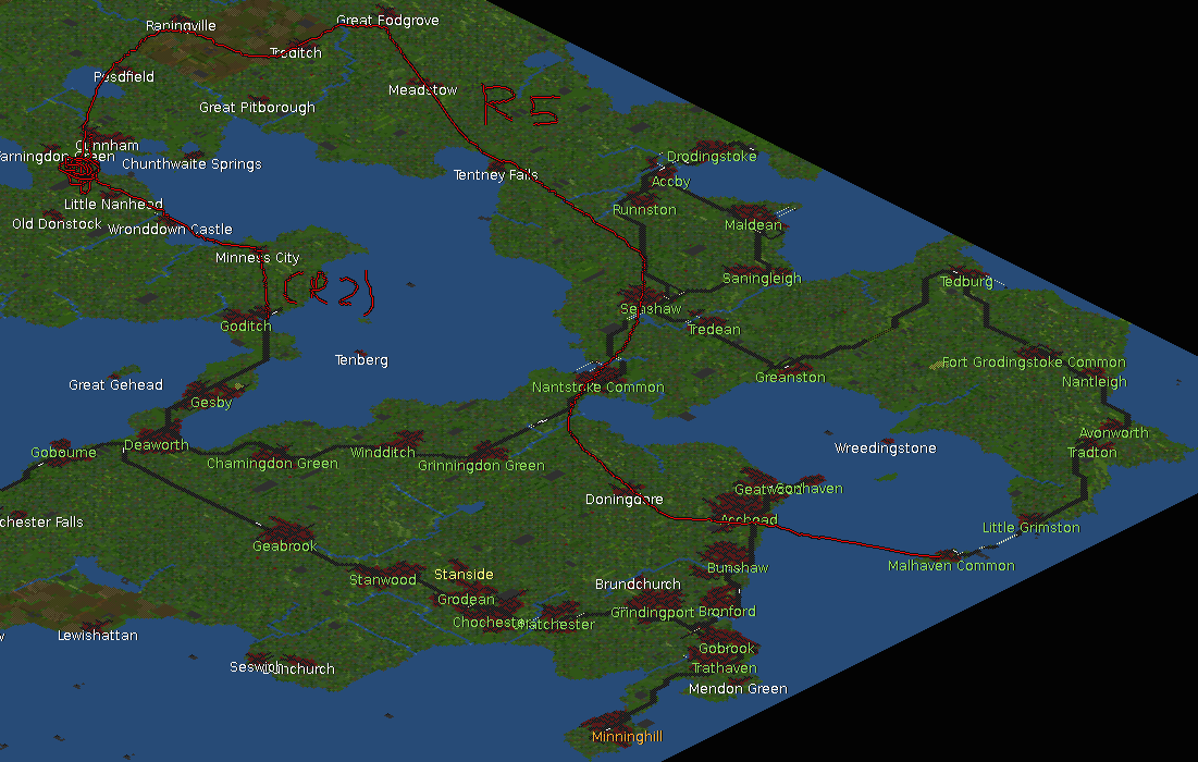 Plan for construction of R5 (with ferry between Malhaven and Acchead) and extending R2 to Cunnham so they can share a depot.