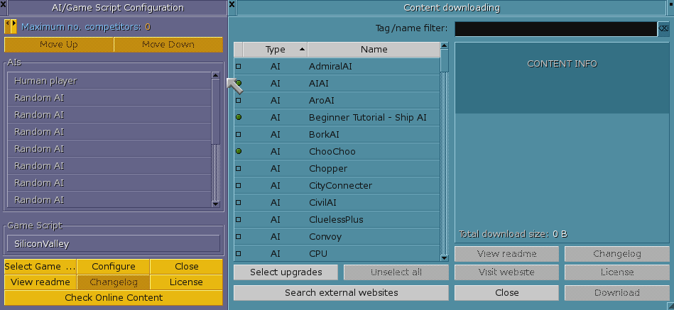 AI/Game Script Configuration window &amp; Online Content Download window