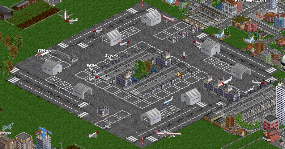 Main Hub, Larger airport with two concourses and gardens in between. Satellite concourses for other companies.