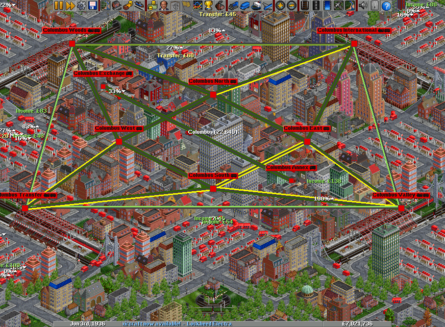 A view of the cargodist paths and the city growth after transportation has begun and population starts booming.