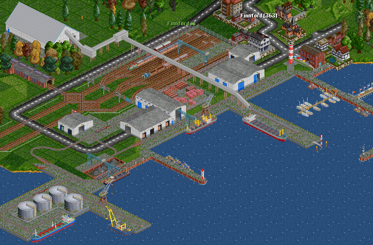 A large modern harbour, showing crude oil and chemical products unloading, as well as bulk products handling by conveyour installations.