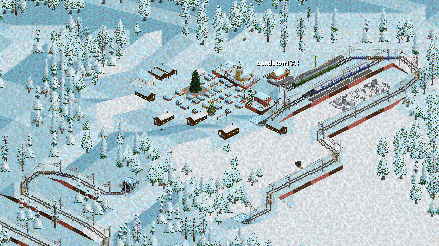 Bondston is a village made up of lumbermen and miners in the past. The ore is gone out and the cut is forbidden. Then the village became a tourist destination. Here we can see two tourist trains, one A 3/5 &quot;Rudolph Star&quot; and a Be 4/6 &quot;Polar Express&quot;, both going to Brindington Market. 