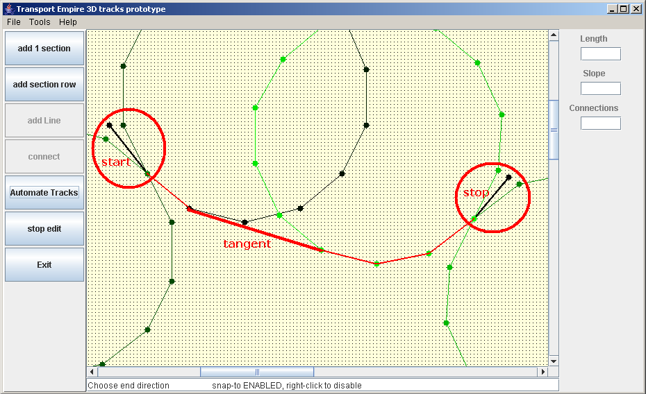2 black sections = starting and ending point+direction.
<br />red sections = route the algorithm should propose.
<br />green sections = temporary help for me to see if the circles/tangents are drawn correclty.
<br />
<br />As you can see in this screenshot, the 4 circles are