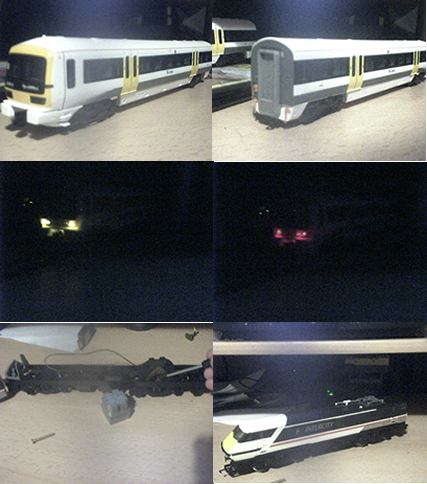 My Connex Suburban Train class 466 (by Hornby) features bright, low voltage lights.
<br />My old Intercity 225 has a lose cog which prevents it from moving (shown by the screw driver) which used to drive me nuts as a little kid!