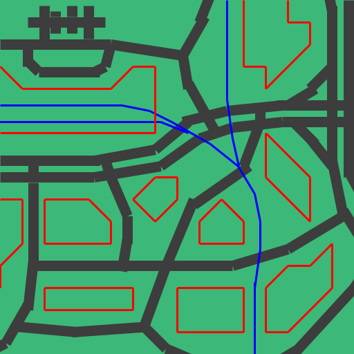 Blue = track, black = road, red = building.
