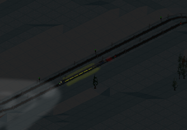 In the snowy peak, its A LOT darker now, the train makes its way through a vally, but still accending. Unfortunatly, theres a light malfunction in the rear to carrages. Light reflections from the carriges on the snow, and the headlights at full beam.