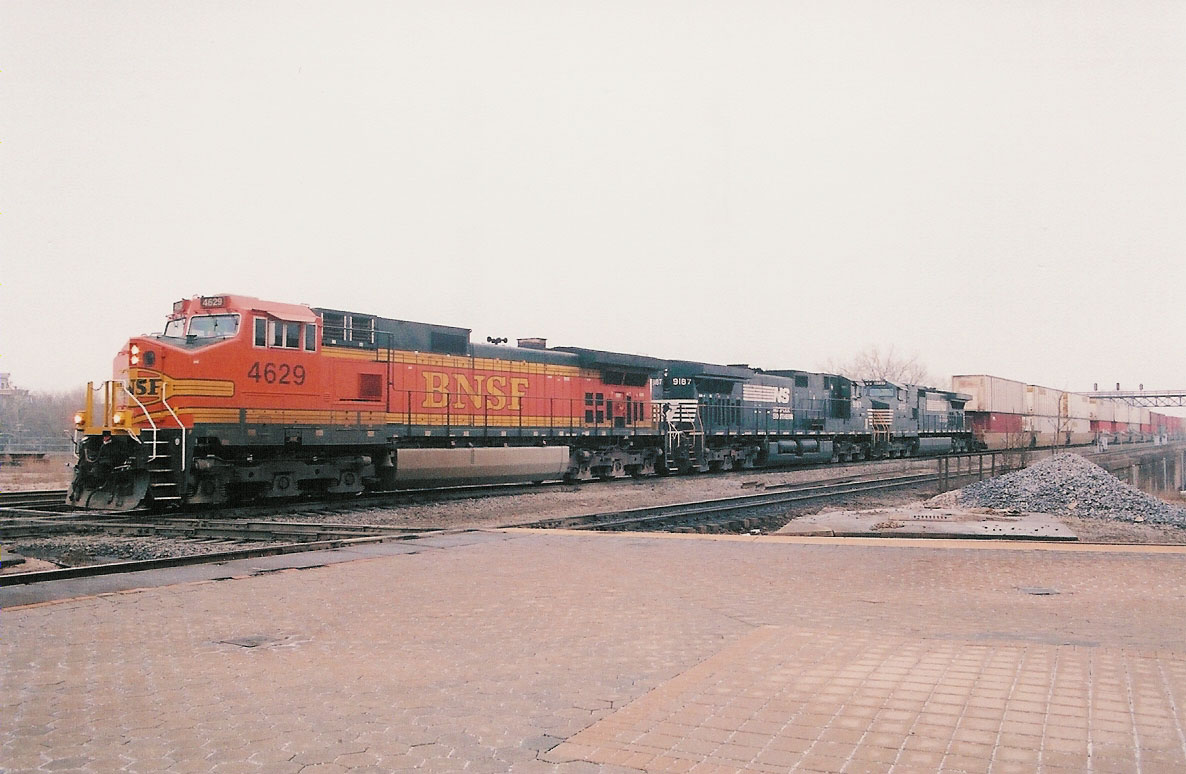 BNSF leading two NS westbound at Joliet station.