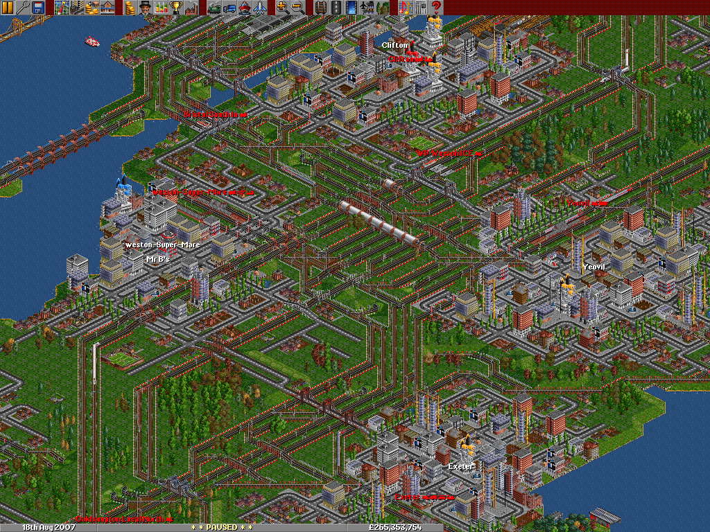 Weston-Super-Mare, tiny town, somehow became the hub of my souther passanger network :/ Managed to move it to that new station in the north there later on. One cargo line from the south to the north. pretend that bridge on the left isnt there.