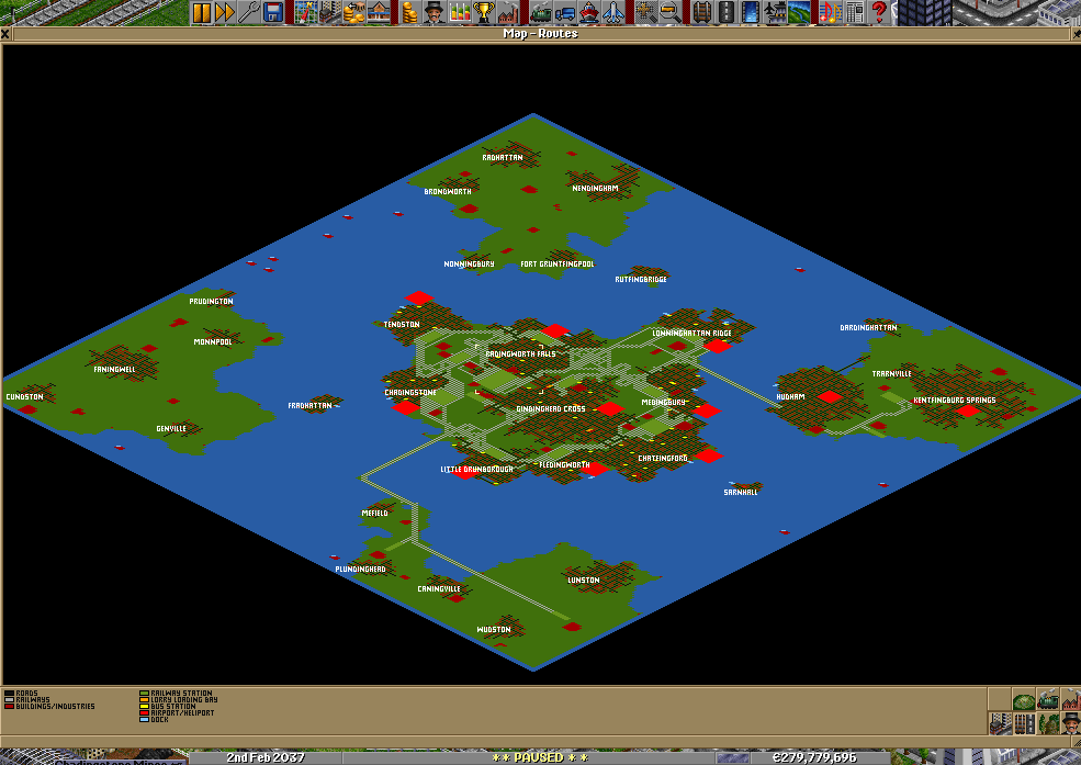 A smaller screenshot of the whole map. Here you can see the huge bridges going south and east, towards more forests and farms. (The wood transports from far south routinely make in excess of €900k a year, which is more than any train ever made in my games