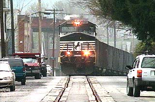 NS coal train runs down Main St. through West Brownsville, PA