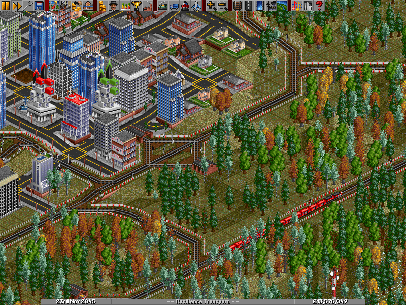 Finally we reach a warmer landscape. The grass is half-withered and brown, and only the toughest, most stubborn trees survive, but the citizens of Winnbridge (top-left) are more than comfortable in this beautiful but rugged terrain. The train is running o
