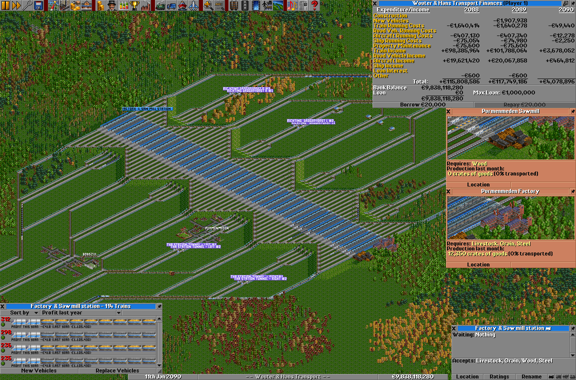 Our profit table, trains that goes to the main station (Please notice we only use 2 sections of the 8 now (that are 16 tracks)). The production of our factory and sawmill (no wood is applied yet).